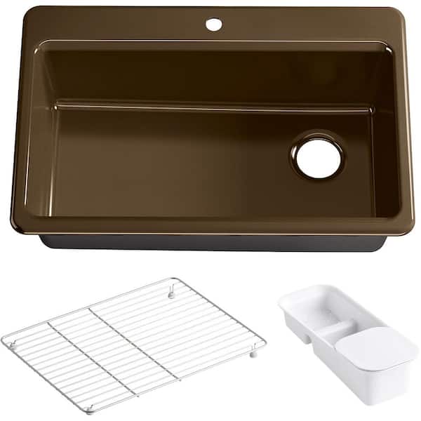 KOHLER Riverby Drop-In Cast Iron 33 in. 1-Hole Single Basin Kitchen Sink Kit with Accessories in Black 'n Tan