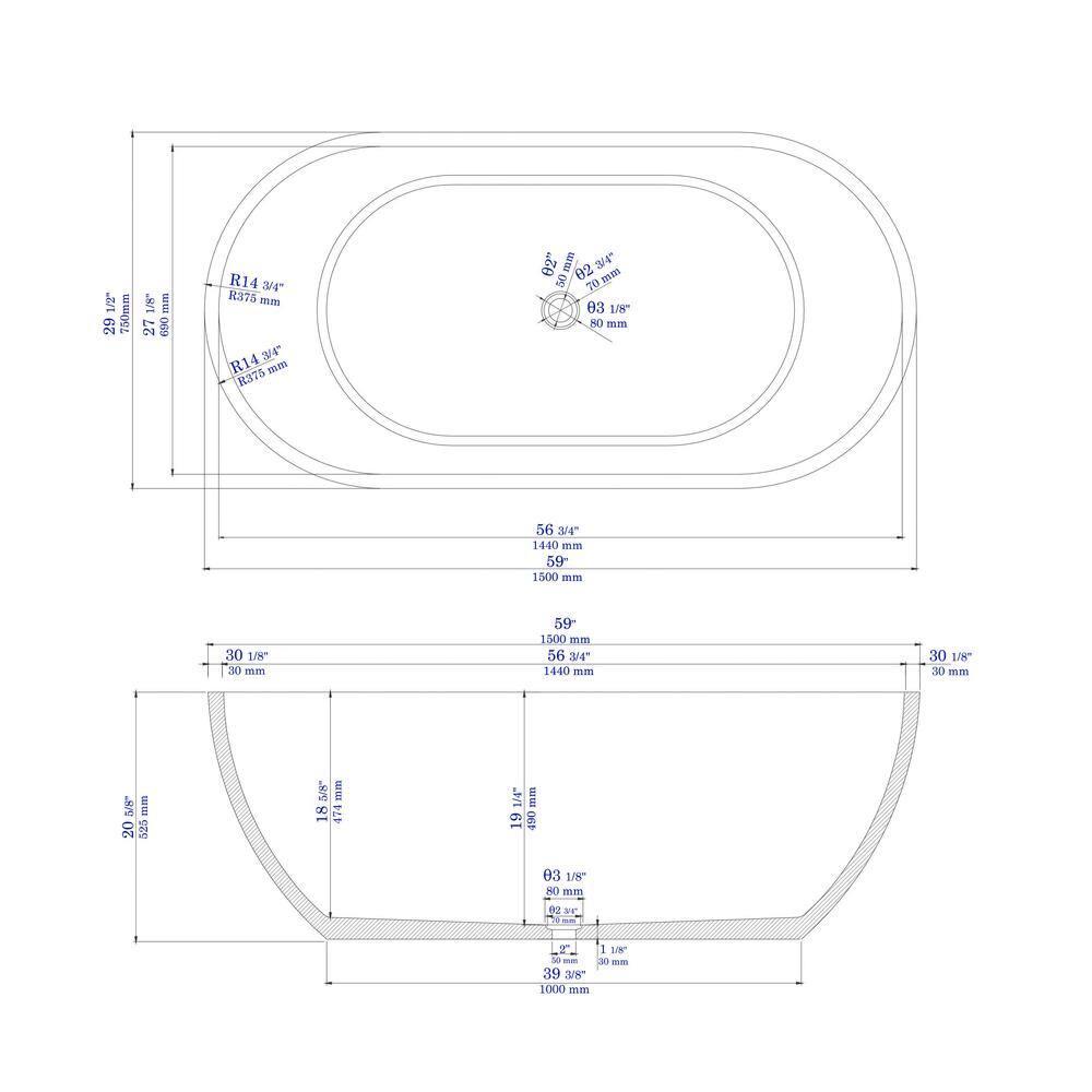59'' Gray Matte Solid Concrete Oval Freestanding Bathtub