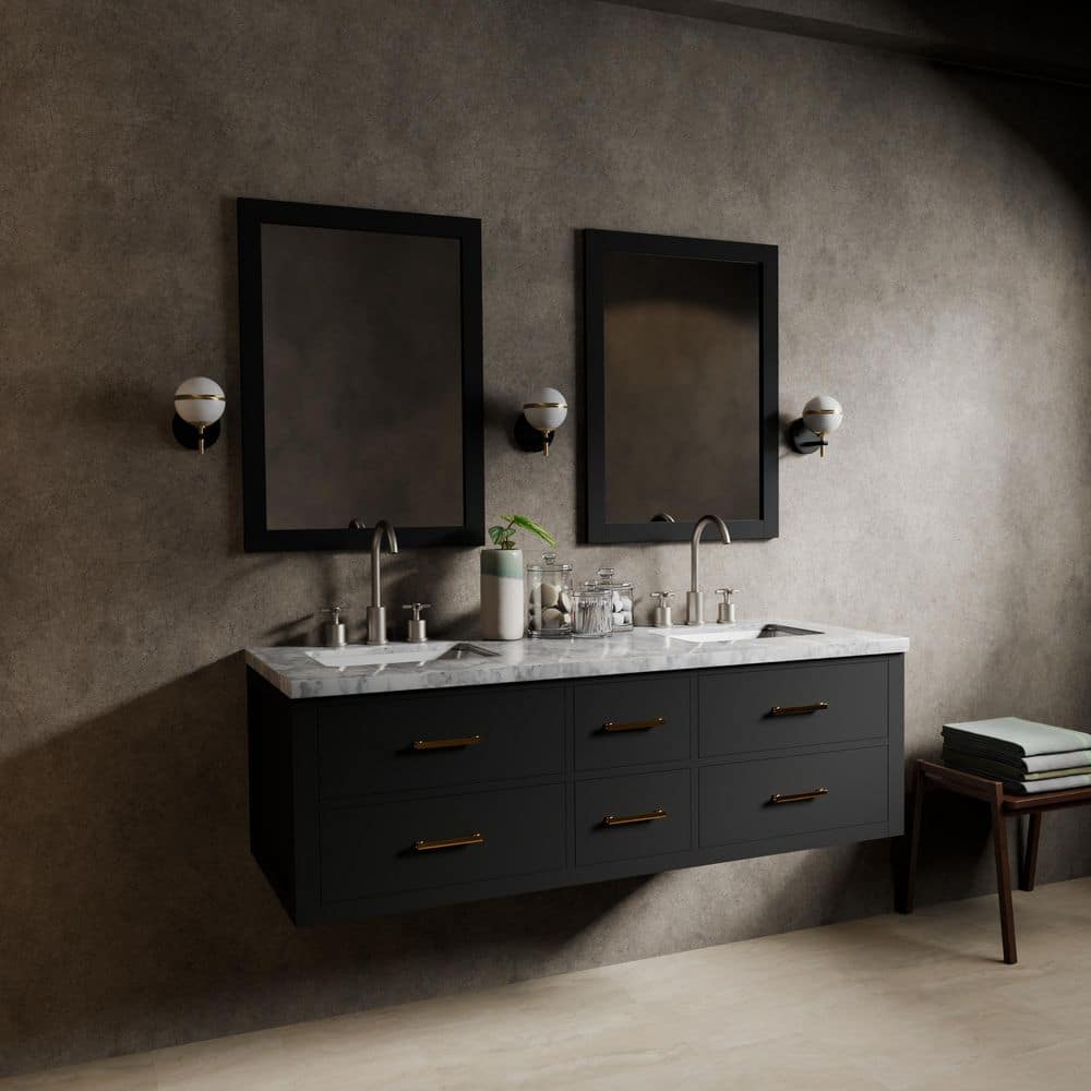 Sherman 60 in W x 22 in D Black Double Bath Vanity, Carrara Marble Top, Faucet Set, and 28 in Mirrors price history on PriceWatchPro