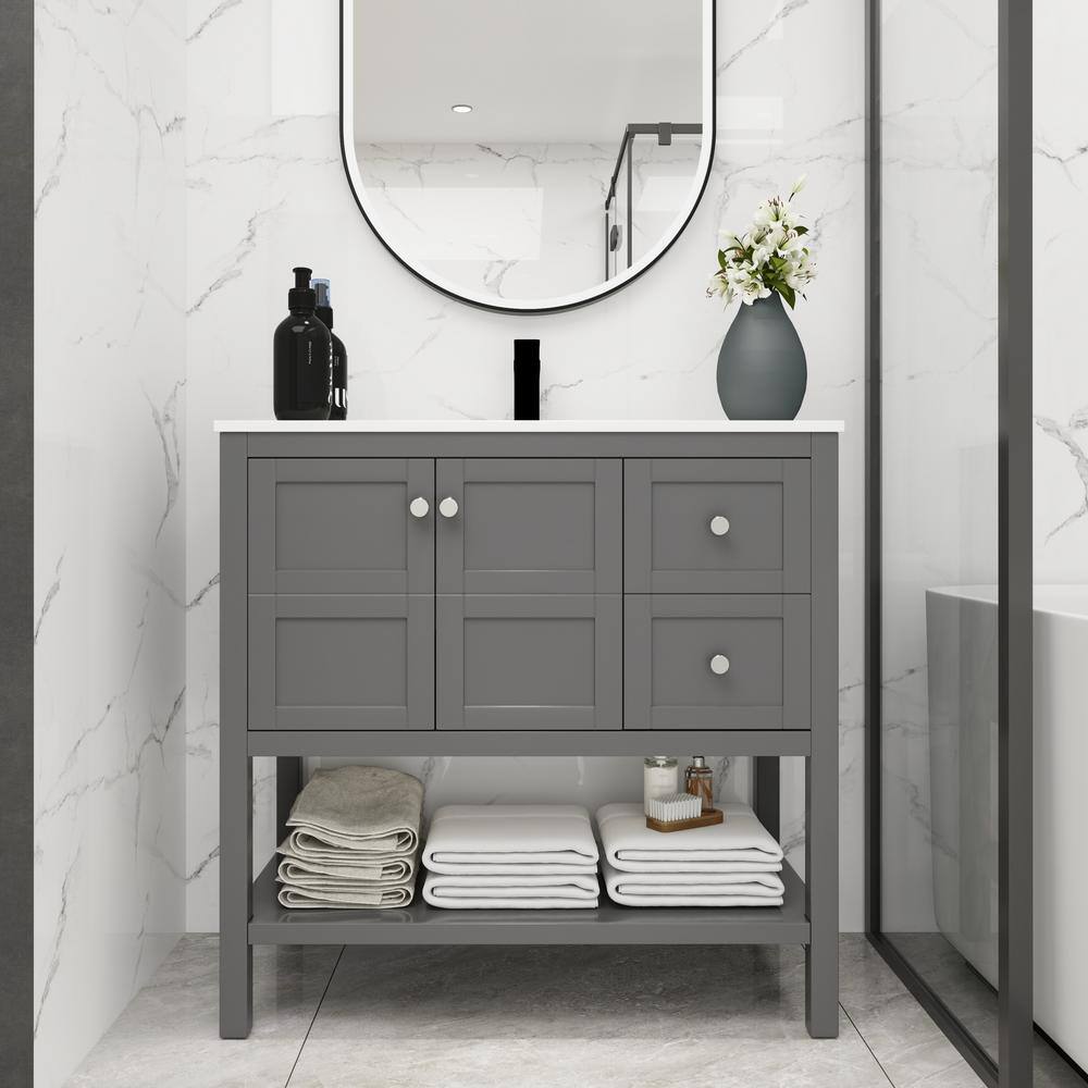 FAMYYT 36 in. W x 18 in. D x 35 in. H Freestanding Bath Vanity in Gray with  White Resin Top with Basin XJ-9995GA-L - The Home Depot