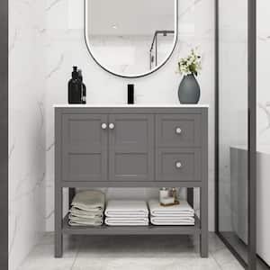 36 in. W x 18 in. D x 35 in. H Freestanding Bath Vanity in Gray with White Resin Top with Basin