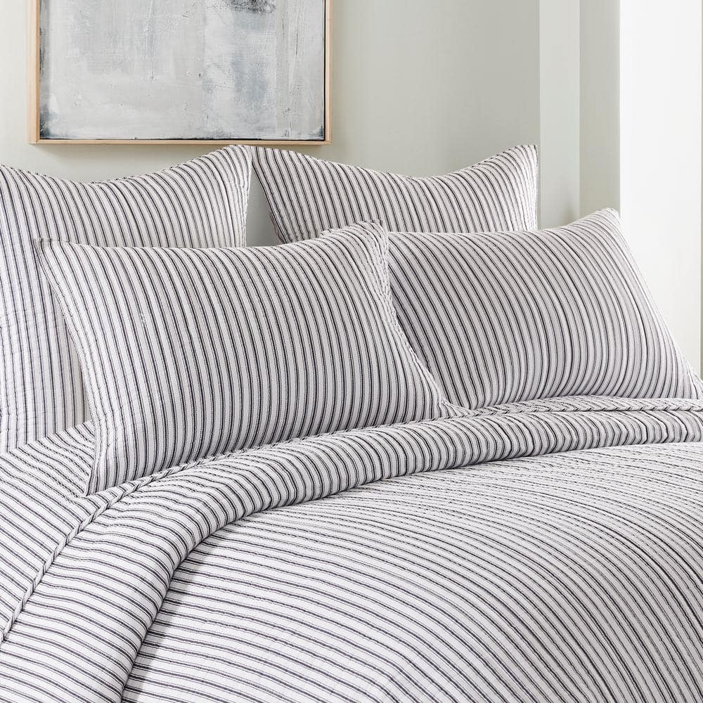 Twin Charcoal Cotton Reversible Stripe Quilt Set