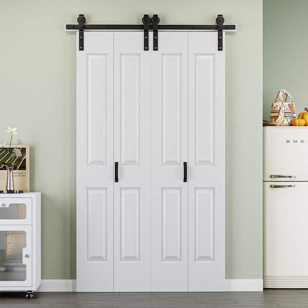 48 in. x 84 in. Paneled 4-Lite White Primed MDF Composite Bi-Fold Sliding Barn Door with Hardware Kit and Handle