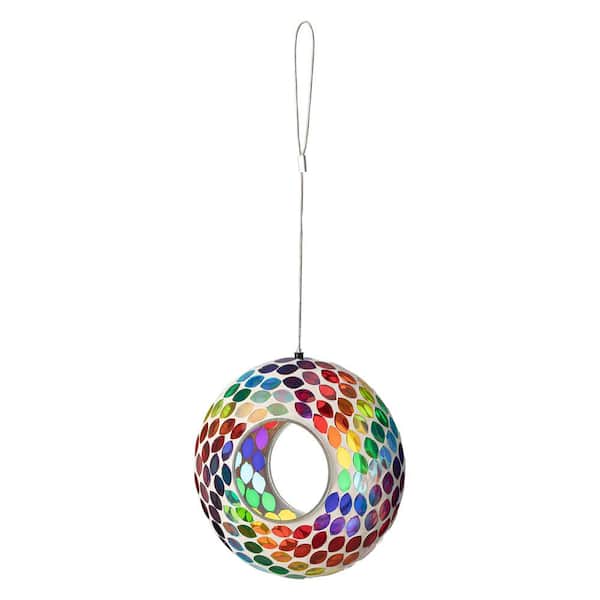 8 in. D Glass Round Hanging Multi-Color Mosaic Birdfeeder
