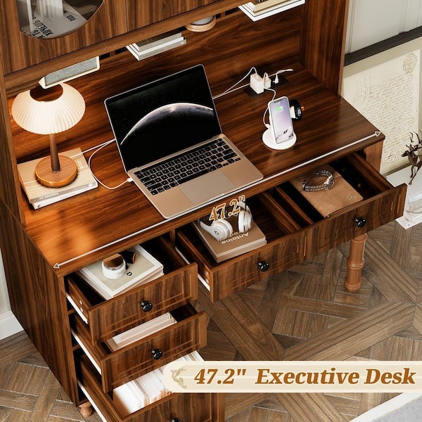 47 in. Walnut Wood 5-Drawer Executive Computer Desk w/ Charging