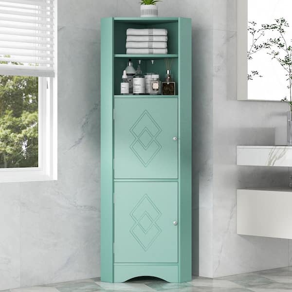 tunuo 22 in. W x 12.8 in. D x 61 in. H Ready to Assemble Bathroom Corner Cabinet in Green, with Doors and Adjustable Shelves
