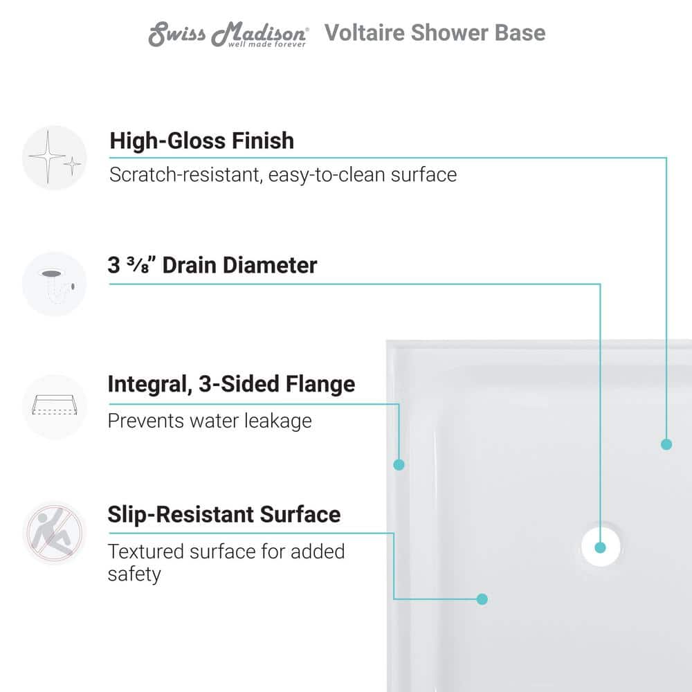 Voltaire 48" x 32" White Acrylic Shower Base with Center Drain