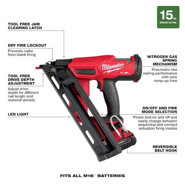 Milwaukee - M18 FUEL 18-Volt Lithium-Ion Brushless Cordless Gen II 15-Gauge Angled Finish Nailer Kit with 2.0Ah Battery and Charger