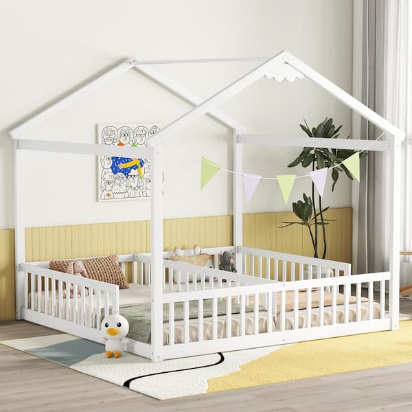 White Twin Size Wood Frame House-Shaped Double Kid Bed with Fence