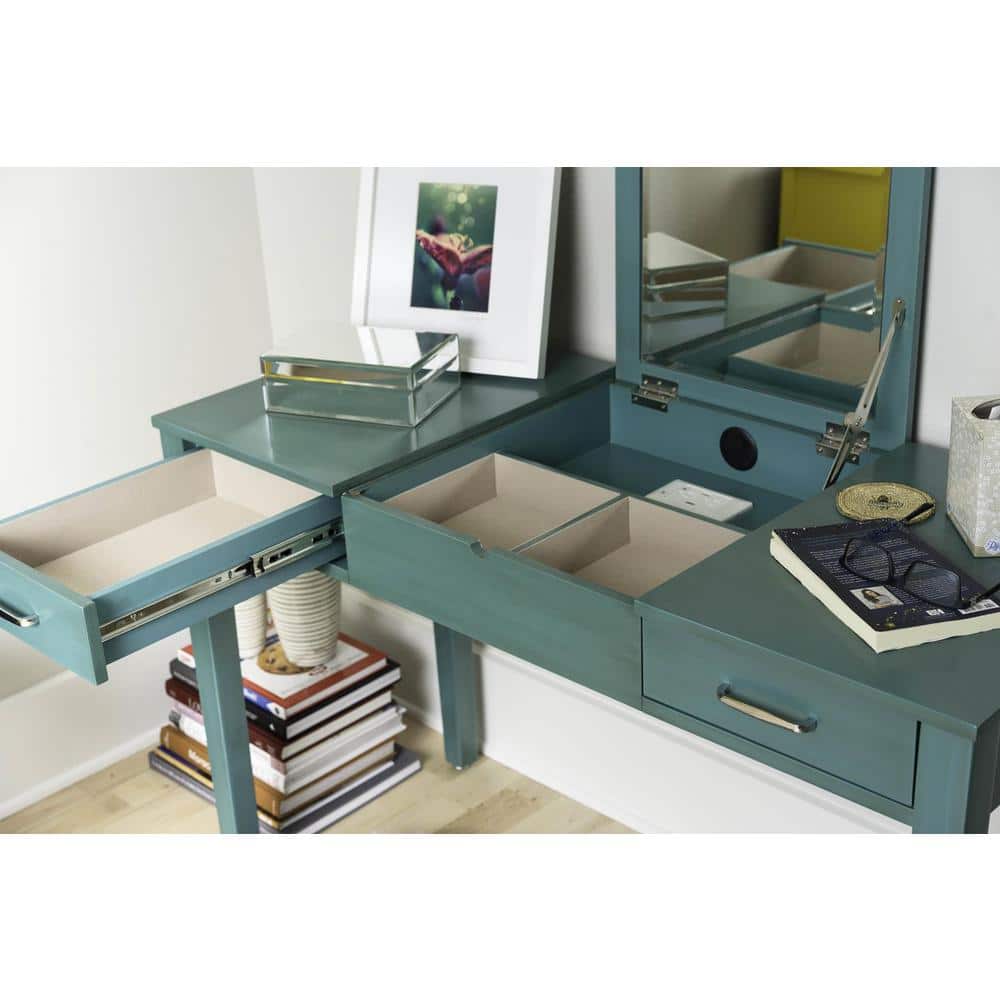 Ainsley Turquoise Solid Wood Vanity Desk with Mirror and USB