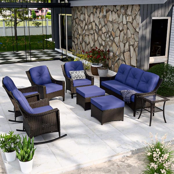 Brown Rattan Wicker 8-Piece Outdoor Patio Conversation Set with Rocking Chairs, Table, and Blue Cushions
