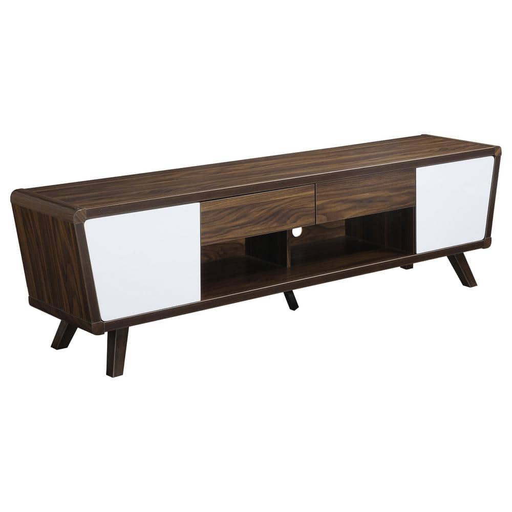Alvin 74" Walnut and Glossy White TV Console with Cabinet