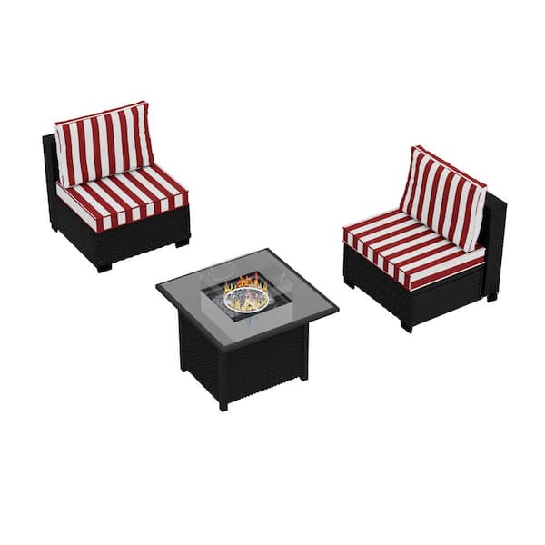 2-Piece Wicker Outdoor Patio Conversation Sectional Seating Set with Middle Chairs and Striped Red Cushions