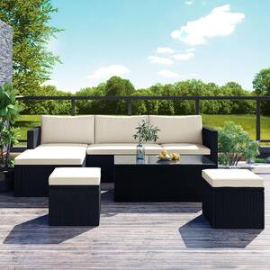 Black 5-Piece Wicker Outdoor Sectional Set with Beige Cushions