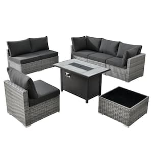 Gemini 8-Piece Wicker Patio Rectangular Fire Pit Set with Black Cushions