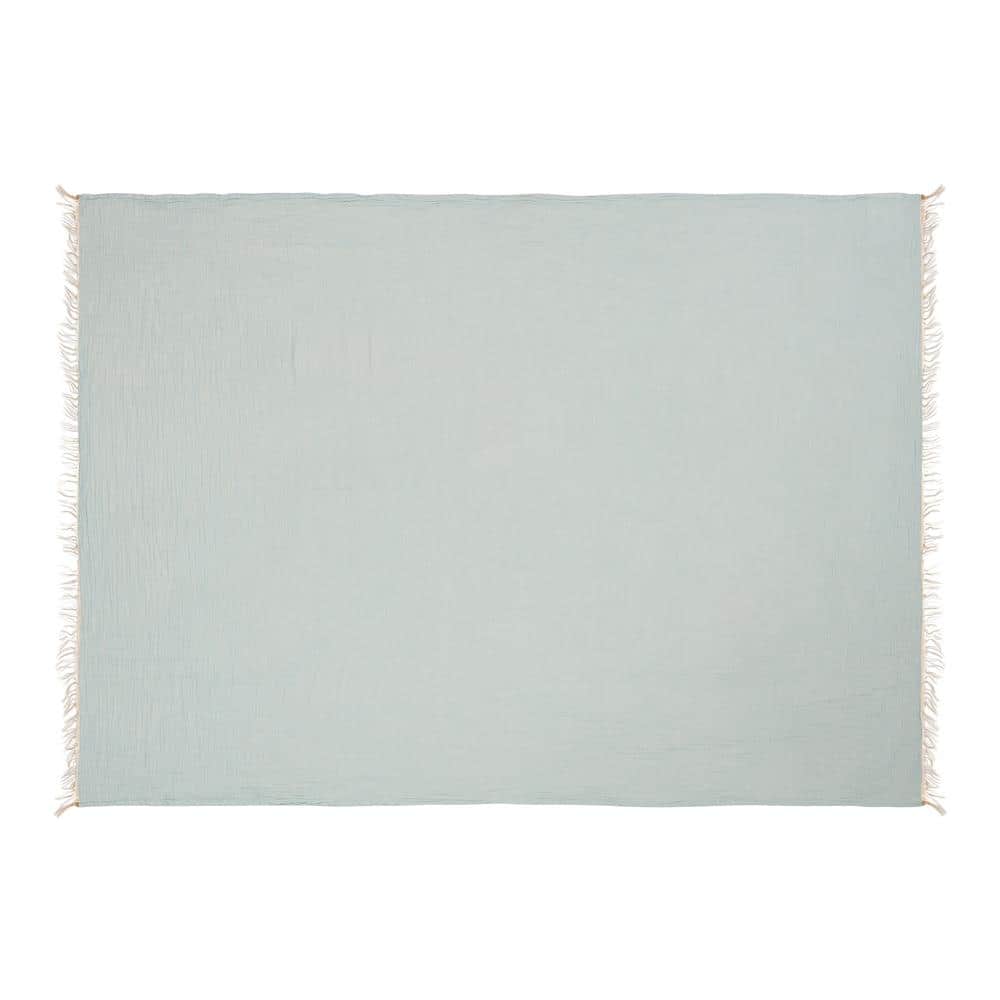 Sandy Farmhouse Aqua Turkish Crinkled Cotton Throw Blanket with Fringe
