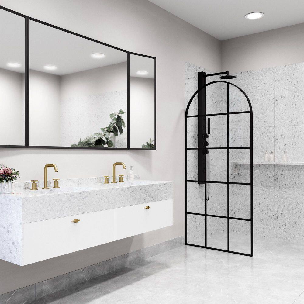 Arden 34" W x 78" H Matte Black Framed Shower Screen with Clear Grid Glass