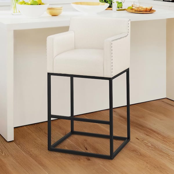 LUE BONA Hampton 30 in. Beige Modern Linen Upholstered Bar Stool Square Metal Frame Counter Height Bar Stool