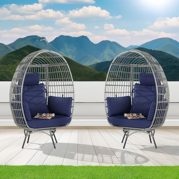 SANSTAR 2-Pieces Patio Wicker Swivel Egg Chair, Oversized Indoor Outdoor Egg Chair, Gray Rattan Navy Blue Cushions
