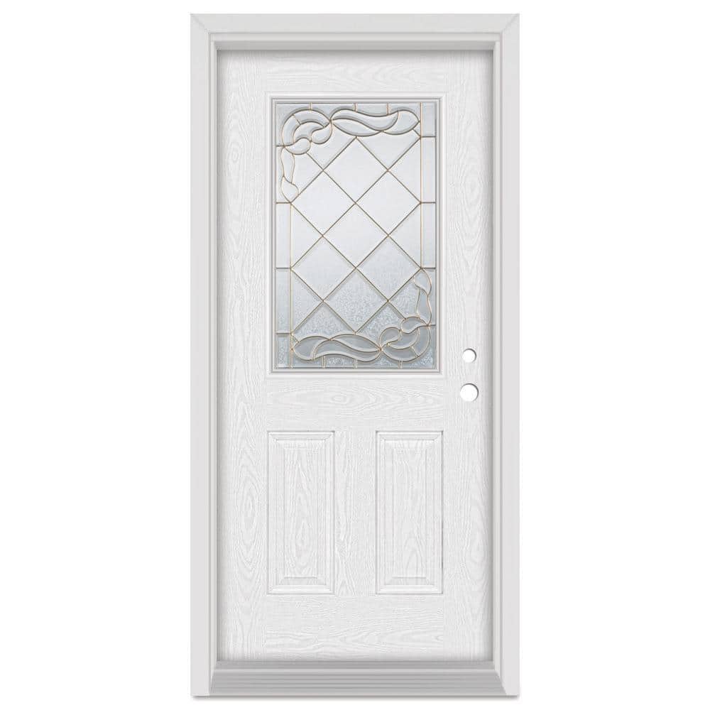 36 in. x 80 in. Art Deco Left-Hand Inswing 1/2 Lite Brass Finished Fiberglass Oak Woodgrain Prehung Front Door price history on PriceWatchPro