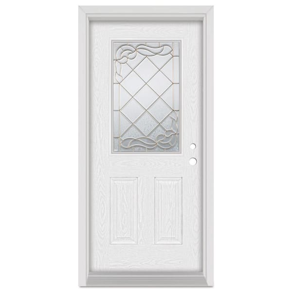 Stanley Doors 36 in. x 80 in. Art Deco Left-Hand Inswing 1/2 Lite Brass Finished Fiberglass Oak Woodgrain Prehung Front Door