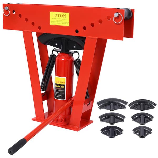 Tidoin 12-Ton Red Steel Adjustable Pipe Bender Manual Hydraulic with 6 Dies, Adjustable Rollers 90-180° Bending