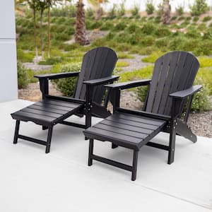Hampton Black Outdoor Patio Adirondack Chairs with Hideaway Ottoman (2-Pack)