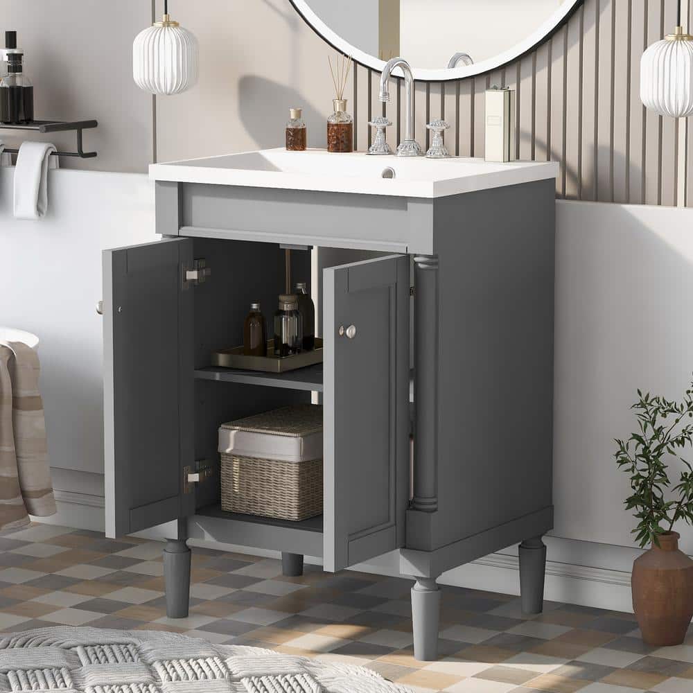 24 in. W x 18 in. D x 34 in. H Freestanding Bath Vanity in Gray with White 