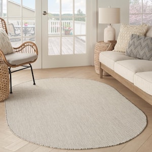 Courtyard Ivory/Silver 5 ft. x 8 ft. Solid Geometric Contemporary Oval Indoor/Outdoor Area Rug