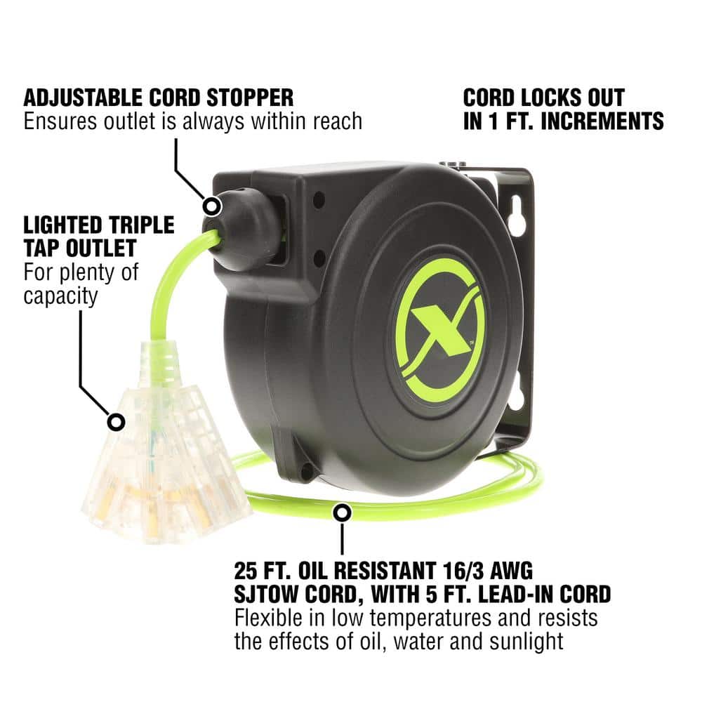 Flexzilla 25 ft. Retractable Extension Cord Reel with Lighted Triple Tap