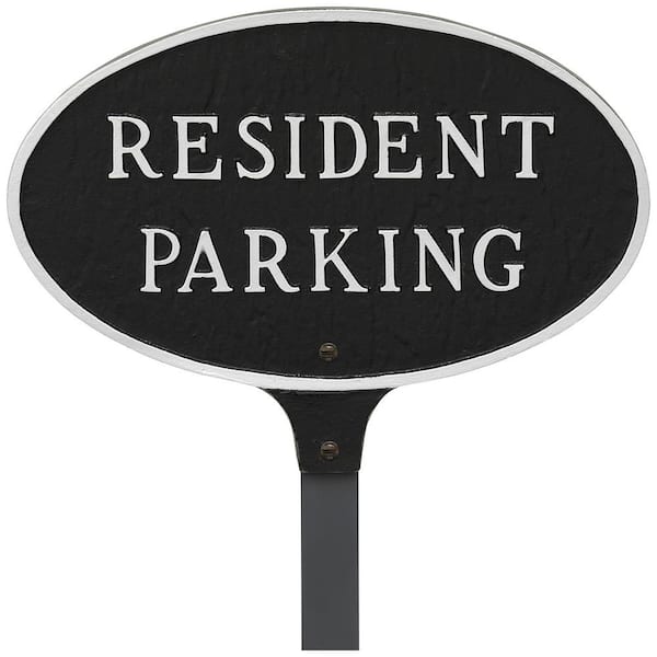 Montague Metal Products 6 in. x 10 in. Small Oval Resident Parking Statement Plaque Sign with 23 in. Lawn Stake - Black/Silver
