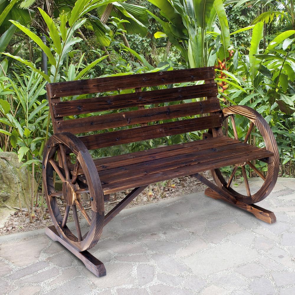 Rustic Fir Wood Wagon Wheel Bench, Carbonized Brown, 41.5" x 23.25"