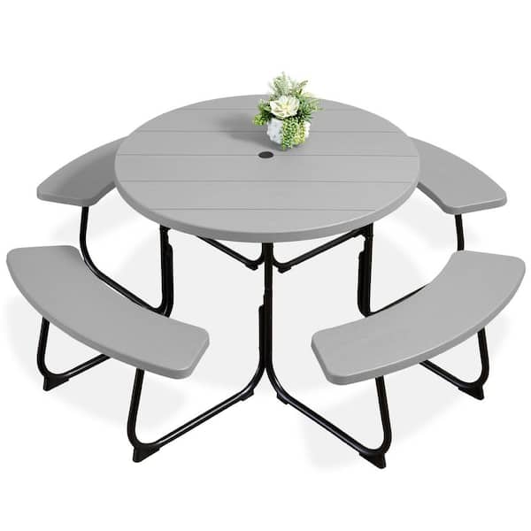 Unbranded 75 in. Light Gray Round Steel Picnic Table Seats 8 People with Umbrella Hole