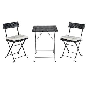 Black Frame 3-Piece PE Wicker Folding Outdoor Bistro Set with Table, Chairs and Beige Cushions
