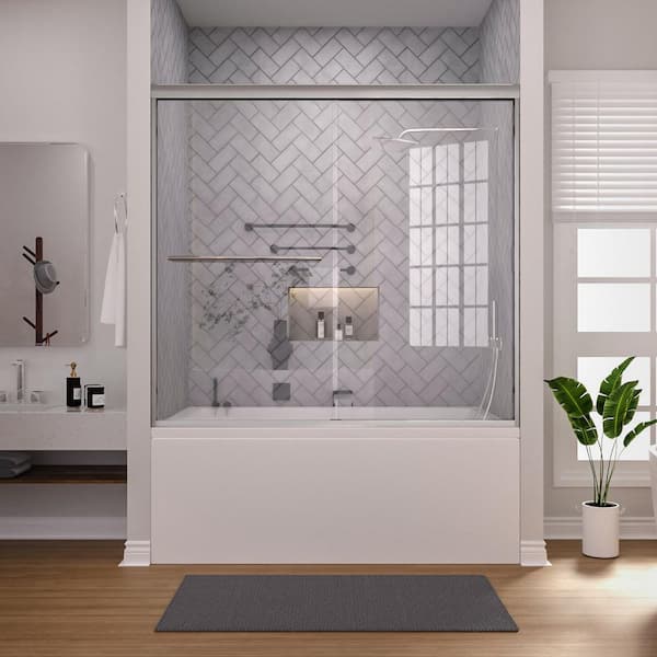 Breeze 60 in. W x 56 in. H Sliding Semi Frameless Tub Door in Chrome Finish with Clear Glass