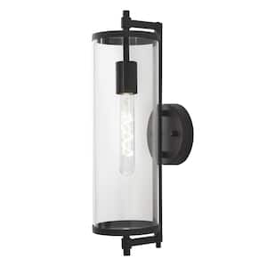 Lurelane 18 in. Large Modern 1-Light Matte Black Hardwired Outdoor Cylinder Wall Lantern Sconce