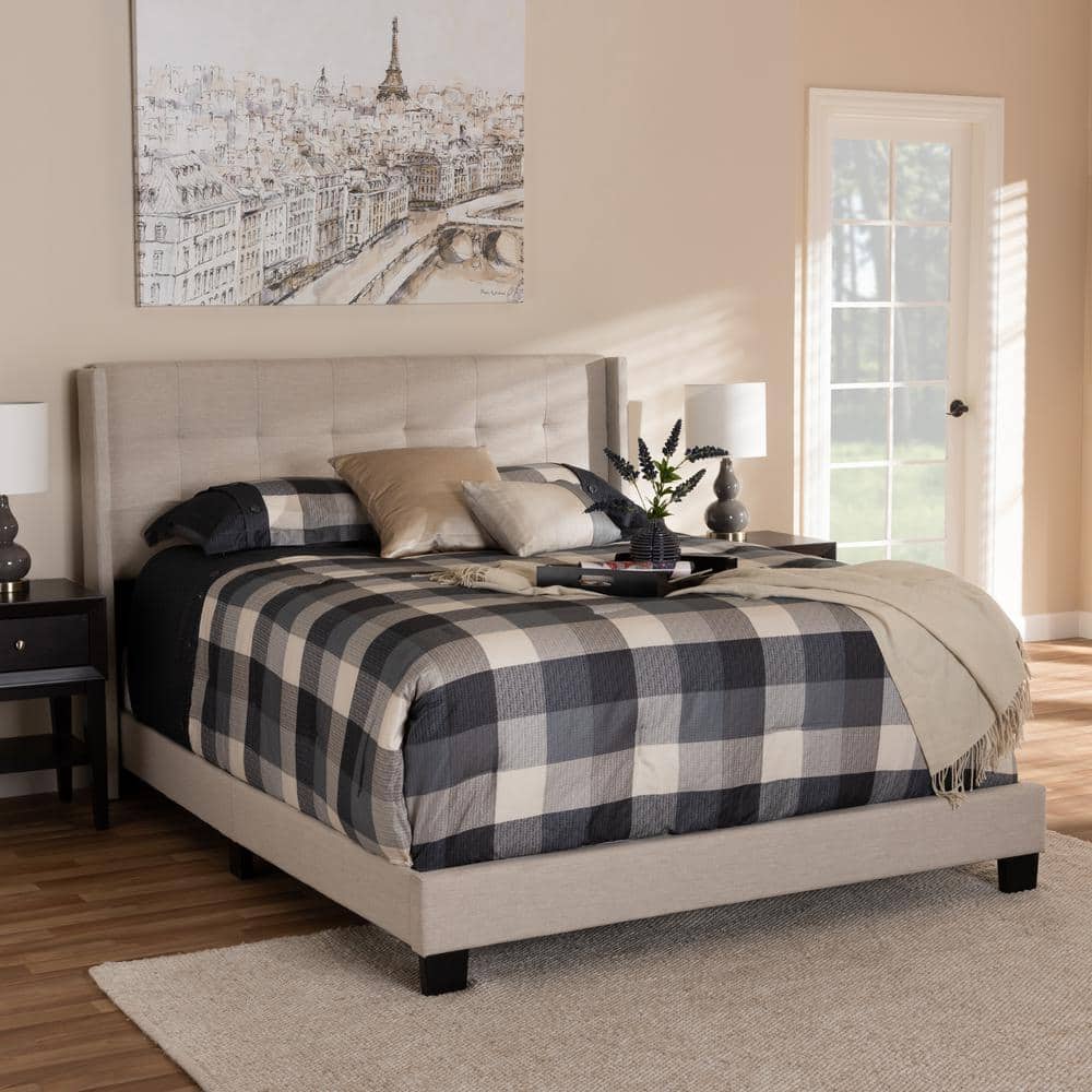 Lisette Beige Upholstered Queen Bed with Tufted Headboard