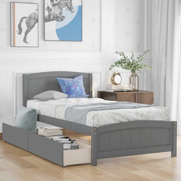 Polibi Gray Wood Frame Twin Size Platform Bed with Two Drawers