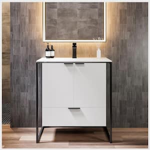 Moma 32 in. W x 18 in. D x 34 in. H Bathroom Vanity in White with White Solid Surface Top with White Sink