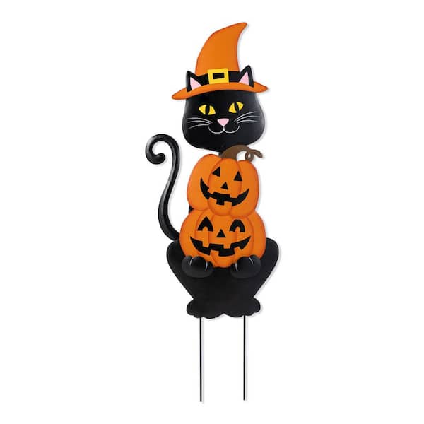 36 in. H Halloween Metal Black Cat with Spring Head and Stacked Pumpkin Yard Stake