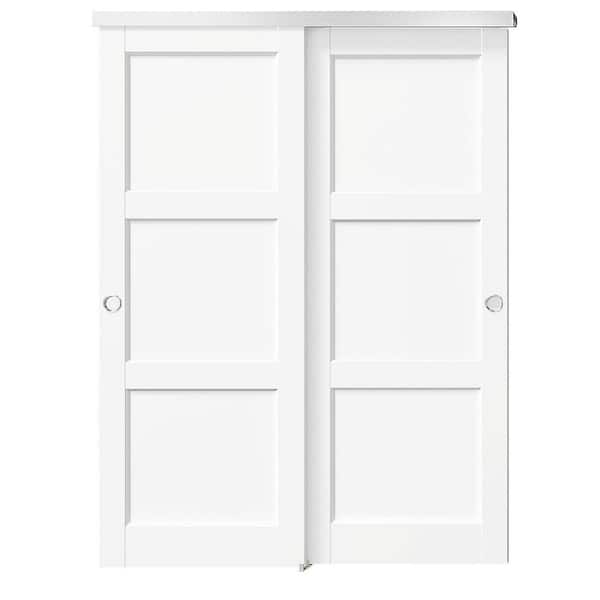 64 in. x 80 in. White, Solid Core, MDF and DIY Painted Double 3 Panel Bypass Sliding Door with Aluminium Hardware