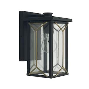 Hillside Manor Sand Black and Honey Gold Outdoor Hardwired Lantern Sconce with Glass Shade and No Bulbs Included