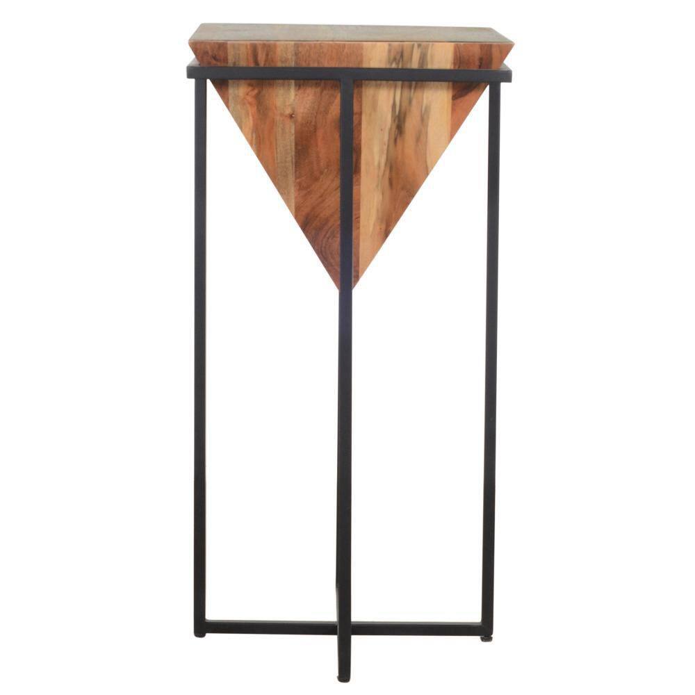 30-Inch Brown Acacia Wood Side Table with Black Metal Cross Base