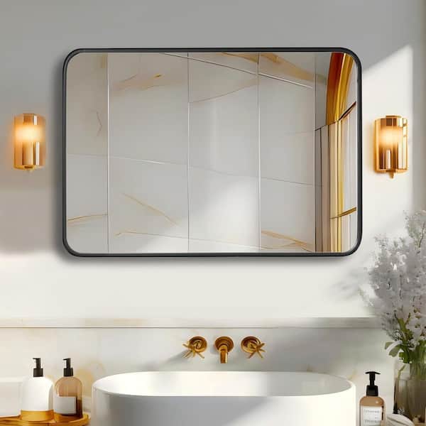 Relyblo 30 in. W x 40 in. H Rectangular Framed Wall Bathroom Vanity Mirror in Black Modern Decorative for Vertically Hanging