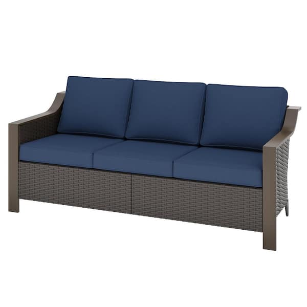 3-Seat Brown Wicker Outdoor Sofa Couch with Blue Cushions, Featuring Gracefully Sloped Armrests