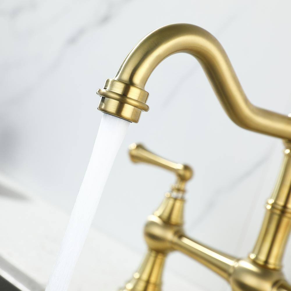 Brushed Gold Double Handle High-Arc Wall Mount Kitchen Faucet