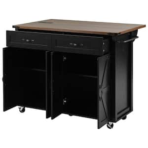 Black Wood 53.50 in. Kitchen Island with Drawer, Drop Leaf, Power Outlet, lockable wheel, Spice Rack, Towel Rack,Cabinet