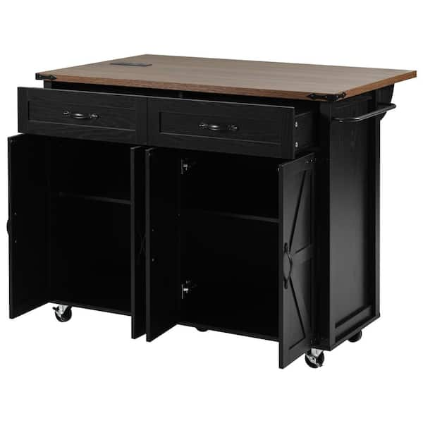 tunuo Black Wood 53.50 in. Kitchen Island with Drawer, Drop Leaf, Power ...