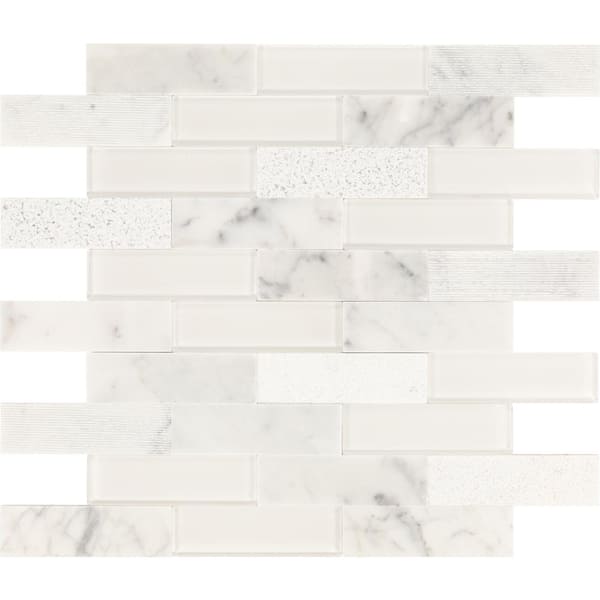 Daltile Xpress Mosaix Peel 'N Stick White Carrara 14 in. x 12 in. Glass/Marble Brick Joint Mosaic Tile (11.64 sq. ft./Case)