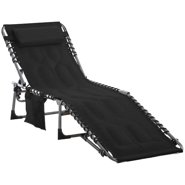 Padded 6-Level Reclining Folding Metal Steel Outdoor Chaise Lounge Chair, Camping Tanning Chair with Headrest Black